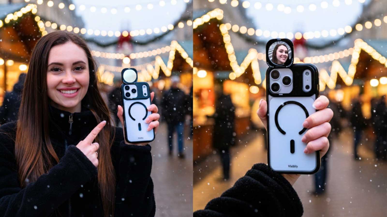 Woman holding a mirror phone case, showing a mirror effect in an outdoor setting with lights.
