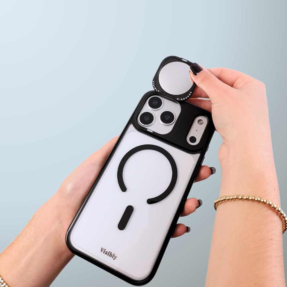 Woman flipping open the mirror on a mirror phone case