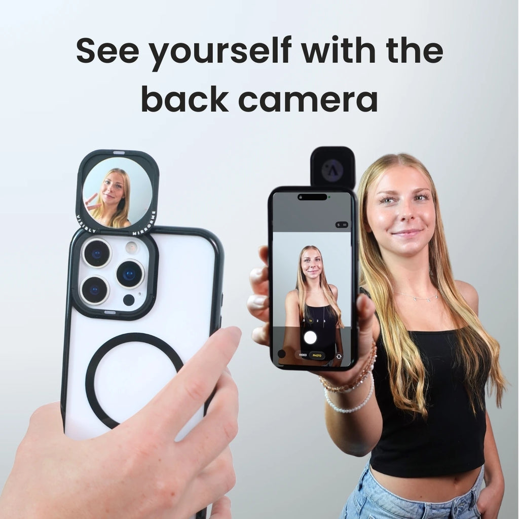 Woman using a mirror phone case content creator tool to take back camera selfies