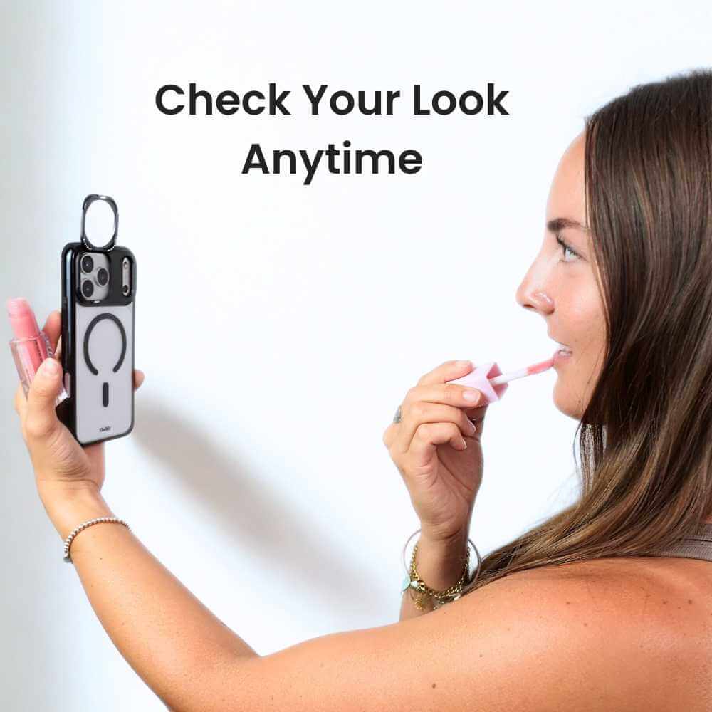 Woman applying lipstick while holding a mirror case, with text 'Check Your Look Anytime'.