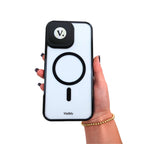 Mirror phone case with the flip-open mirror closed, held by a hand on a white background