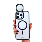 Phone case with mirror held by a hand on a white background