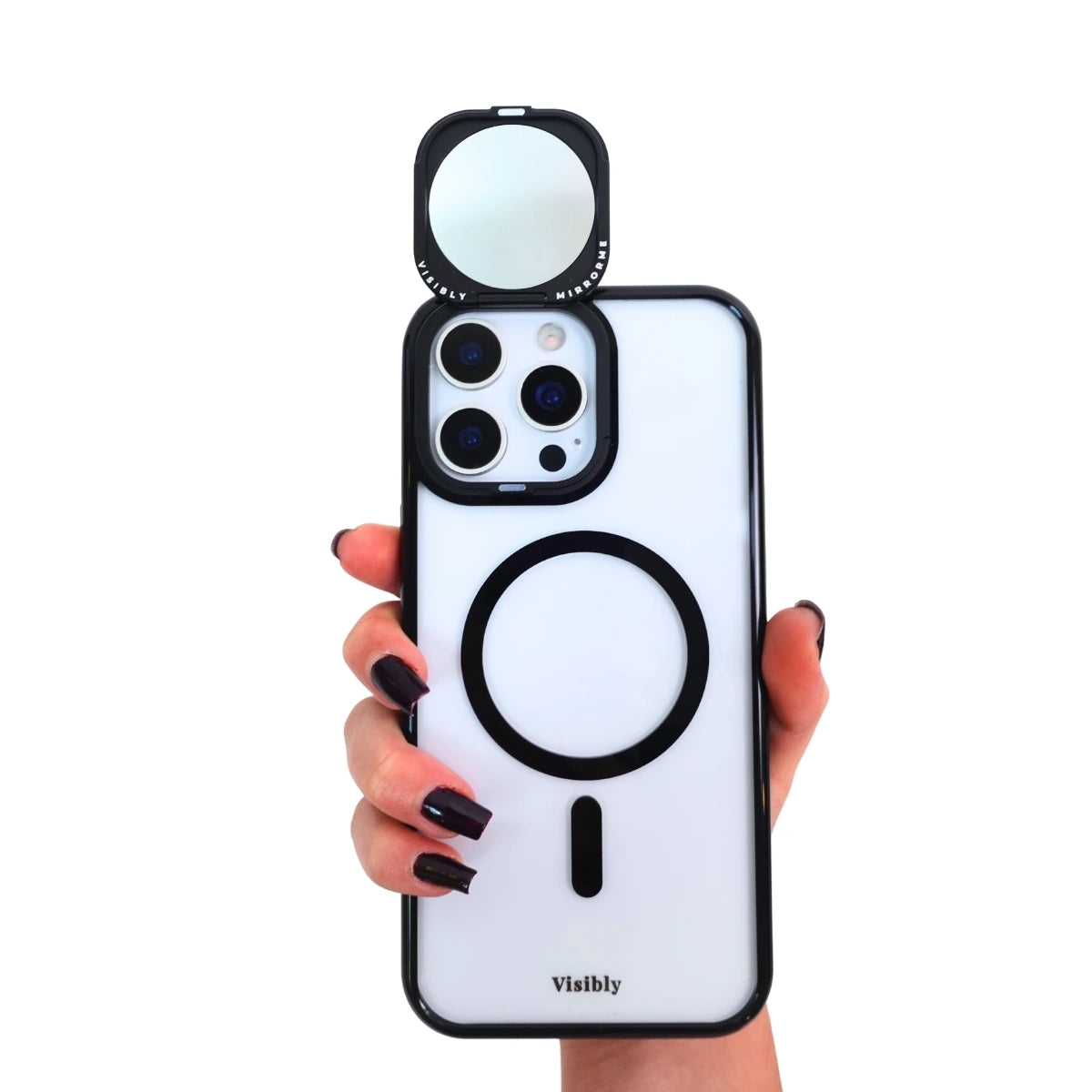 Phone case with mirror held by a hand on a white background