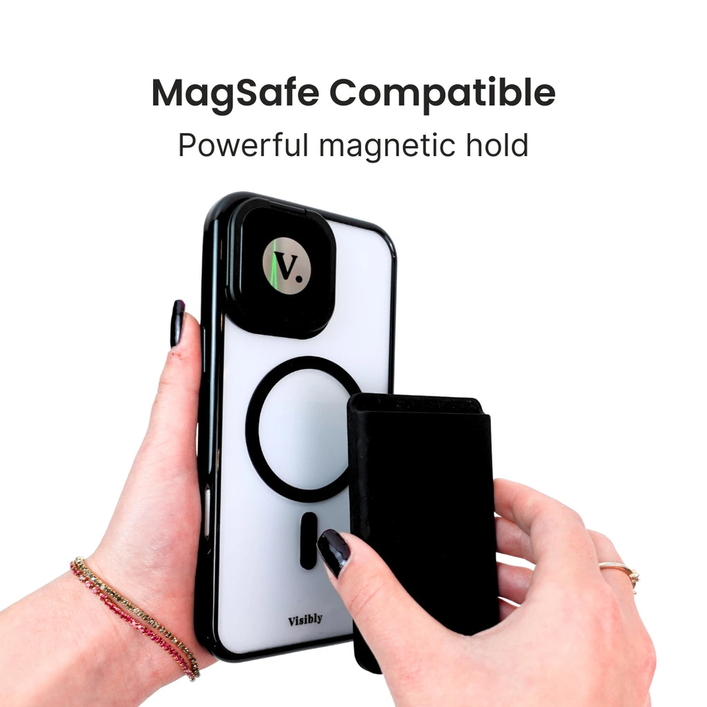 Mirror phone case with MagSafe compatibility feature held by a hand on a white background