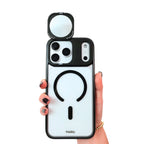 Mirror phone case with the flip-open mirror open, held by a hand on a white background