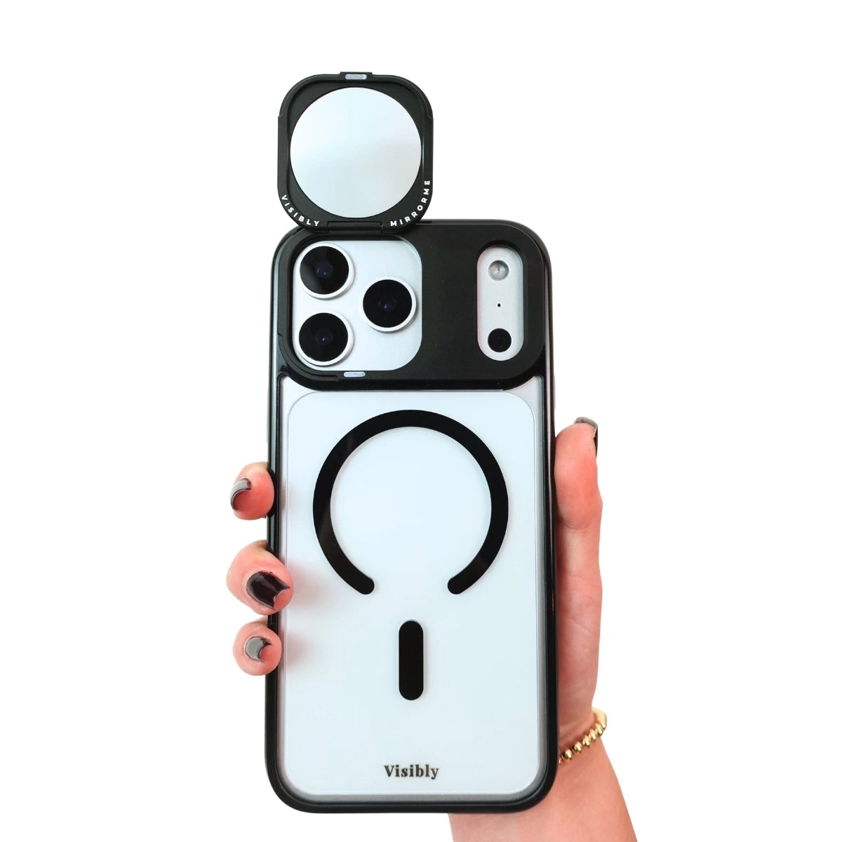 Mirror phone case with the flip-open mirror open, held by a hand on a white background