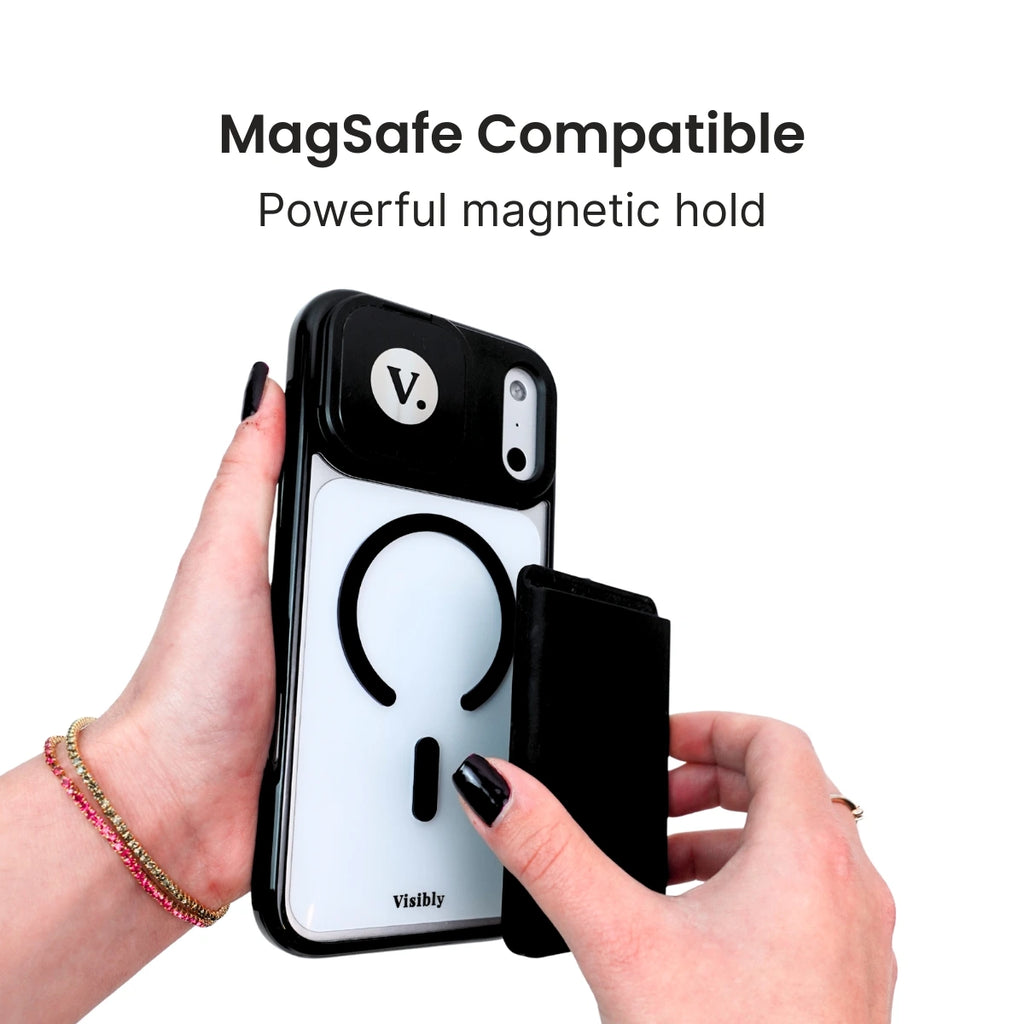 Mirror phone case with MagSafe compatibility feature held by a hand on a white background
