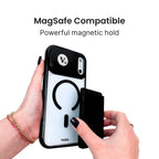 Mirror phone case with MagSafe compatibility feature held by a hand on a white background