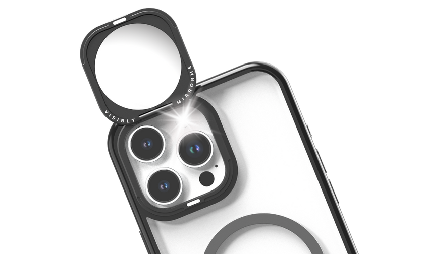 MirrorMe mirror phone case at an angle with the mirror cover flipped open above the back camera