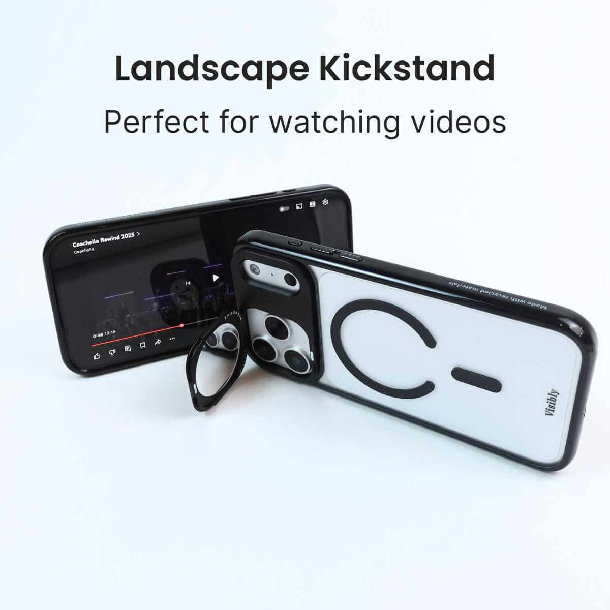 MirrorMe mirror phone case with landscape kickstand feature 