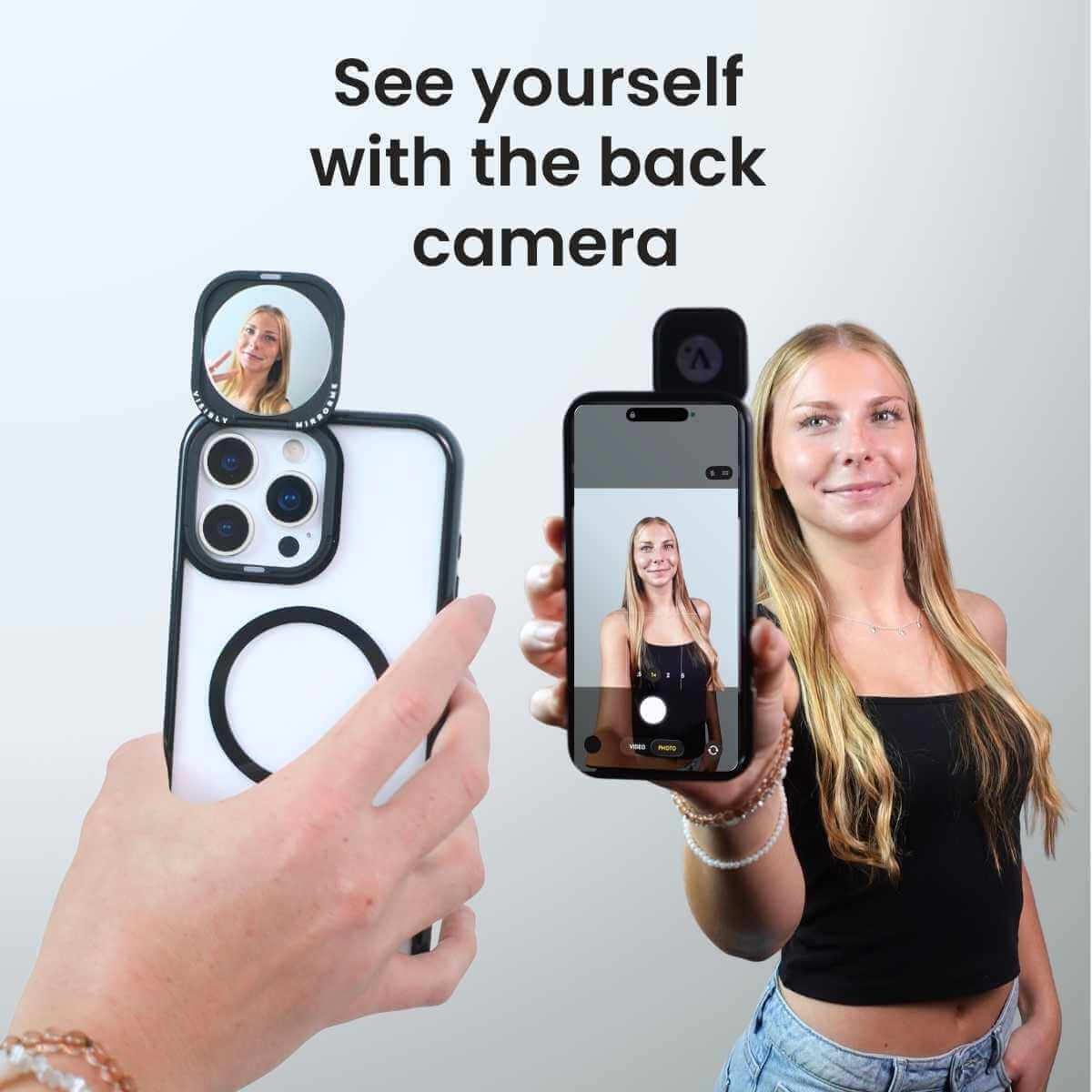 Woman using a mirror phone case content creator tool to take back camera selfies